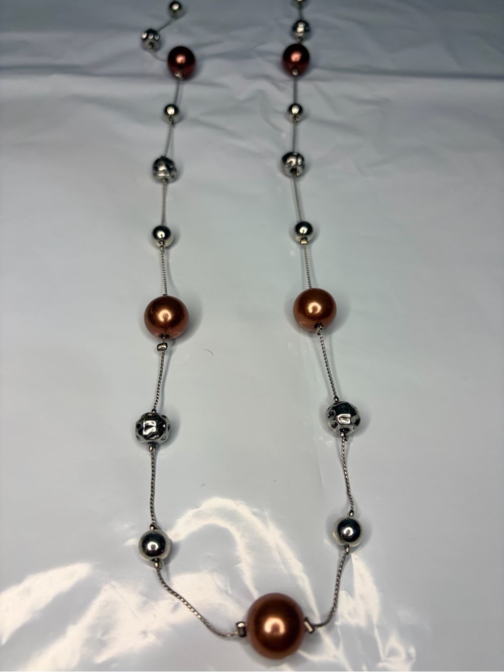 Women's Long Necklace with Copper Beads and Silver Accents